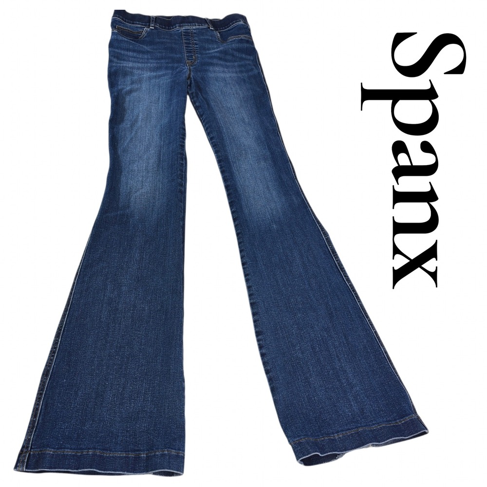 Spanx Flare Jeans Women Large Tall Blue Denim Pull On Stretch Boho Dark Wash L